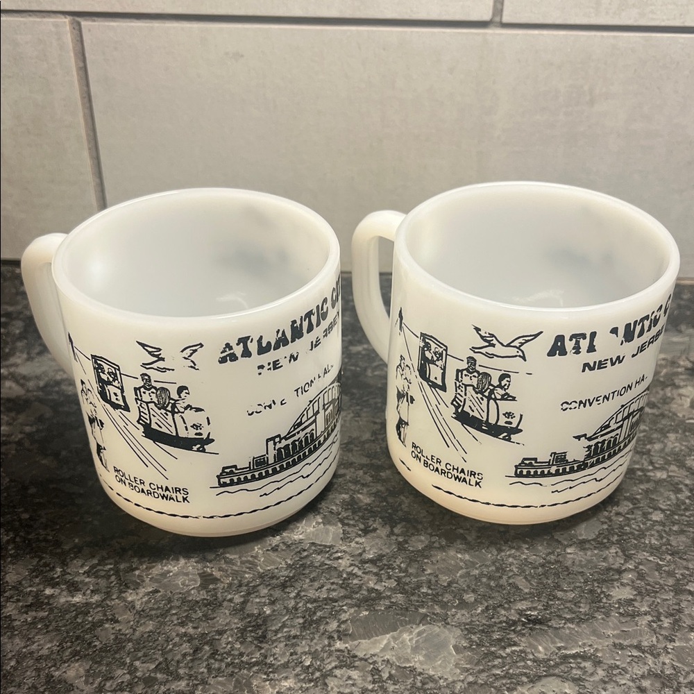 Atlantic City White Ceramic Mugs Set by Federal Glass Company